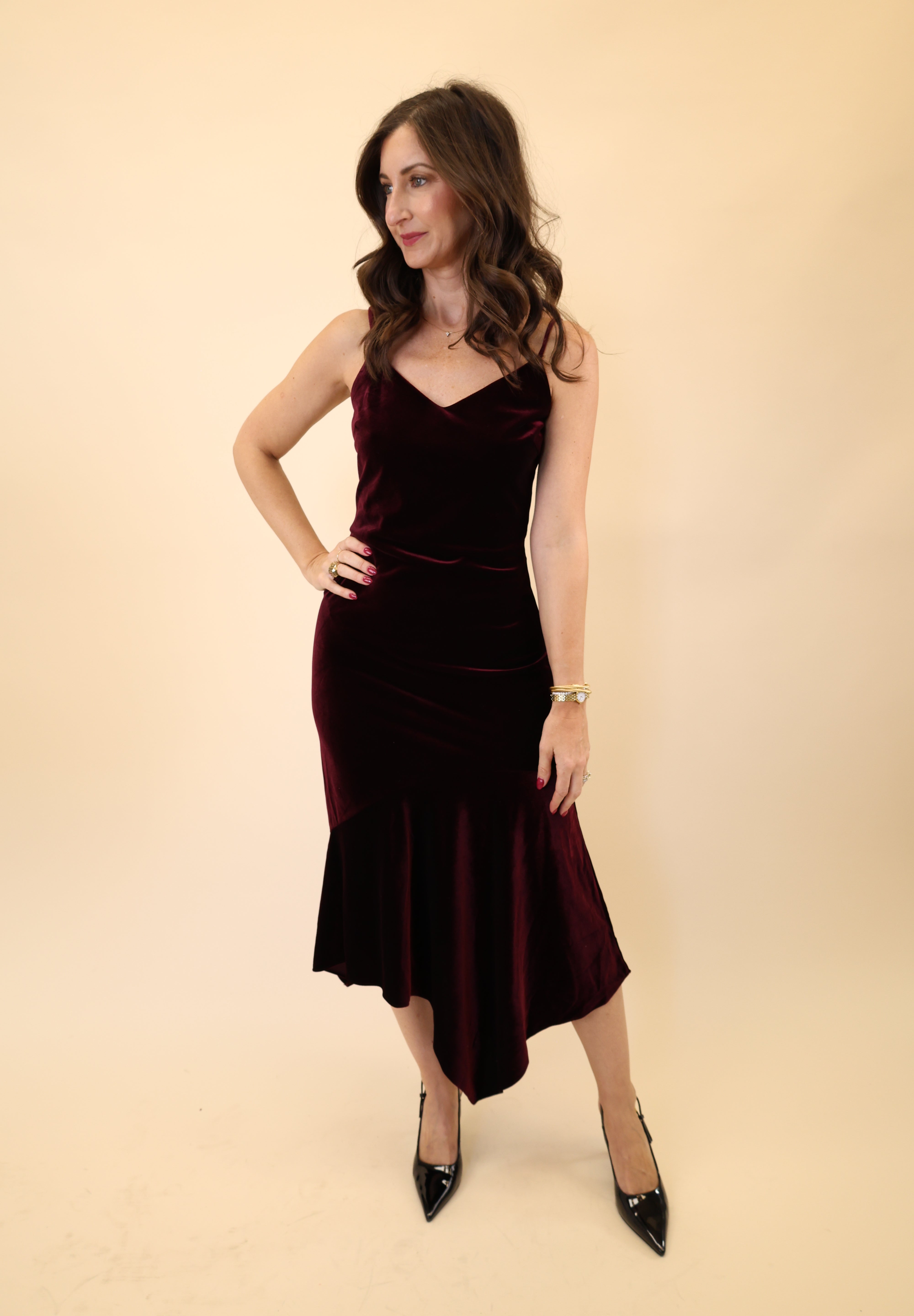Steve Madden velvet Lucille Dress in deep burgundy with a classic midi silhouette.