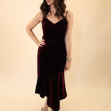 Burgundy velvet Steve Madden Lucille Dress showcasing a refined midi-length design. 