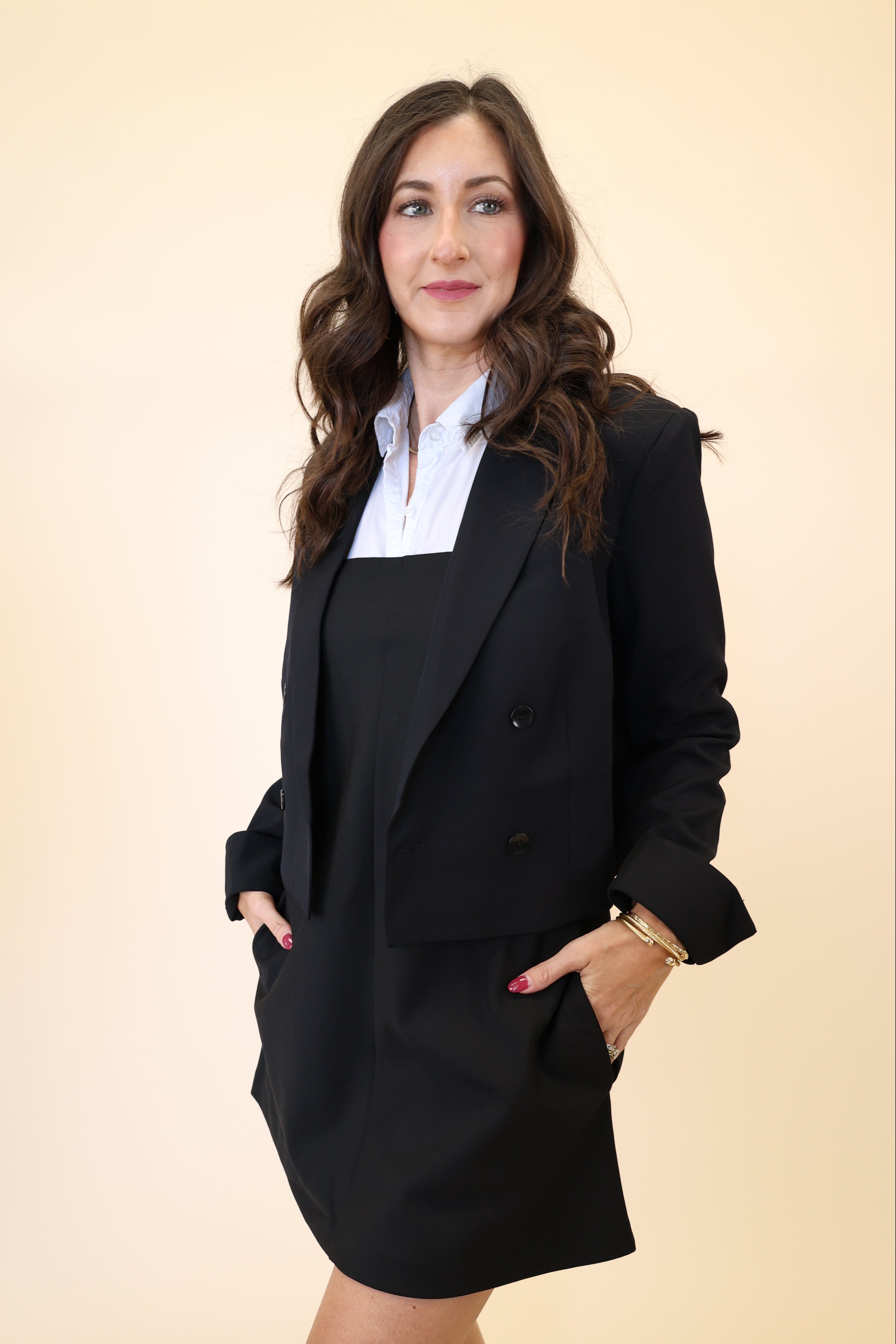 Steve Madden Rowane black short blazer with double-breasted front and tailored cuffed sleeves