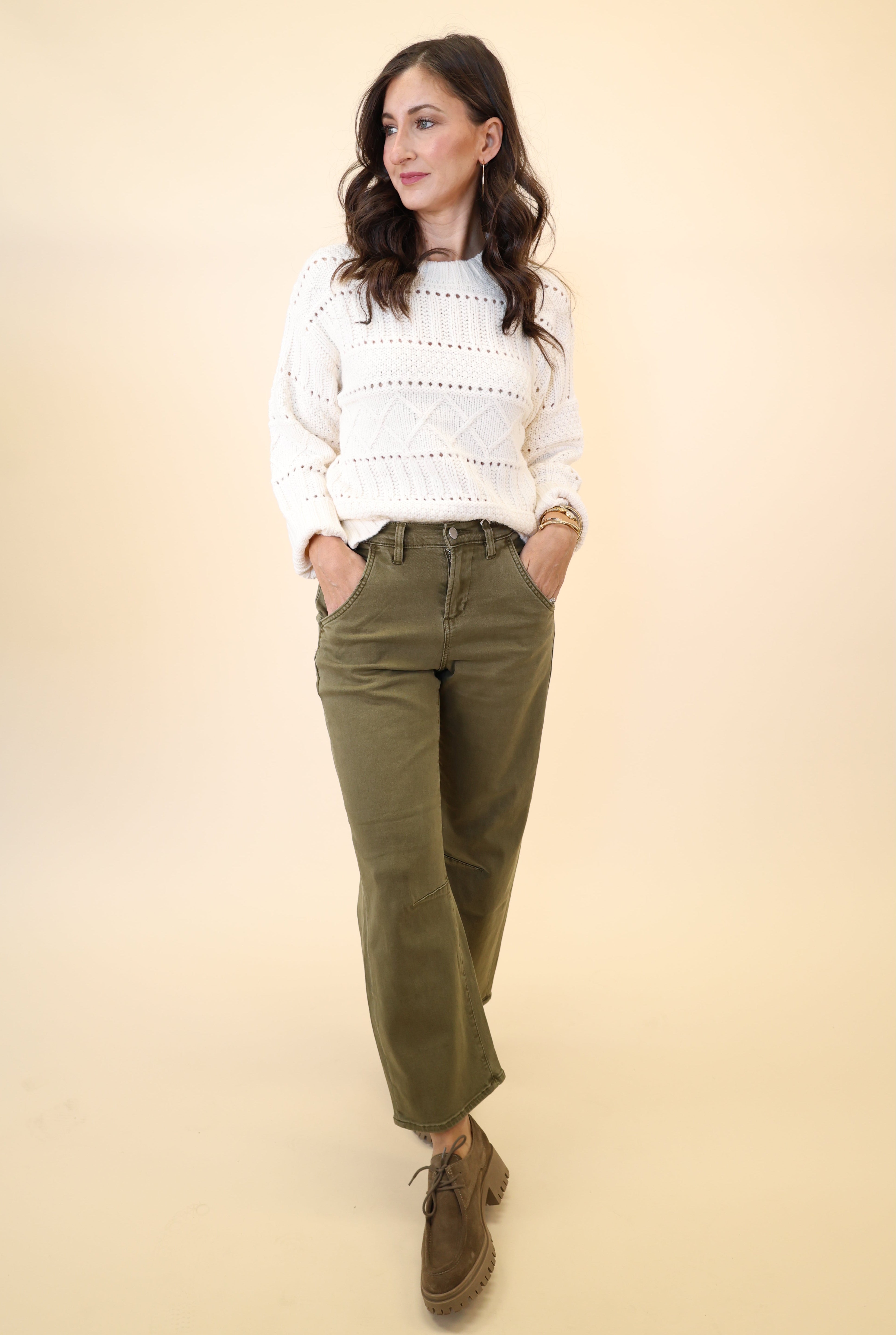 Dear John Lasso barrel leg cargo pants paired with the Cento Cable Knit Sweater for a cozy fall outfit