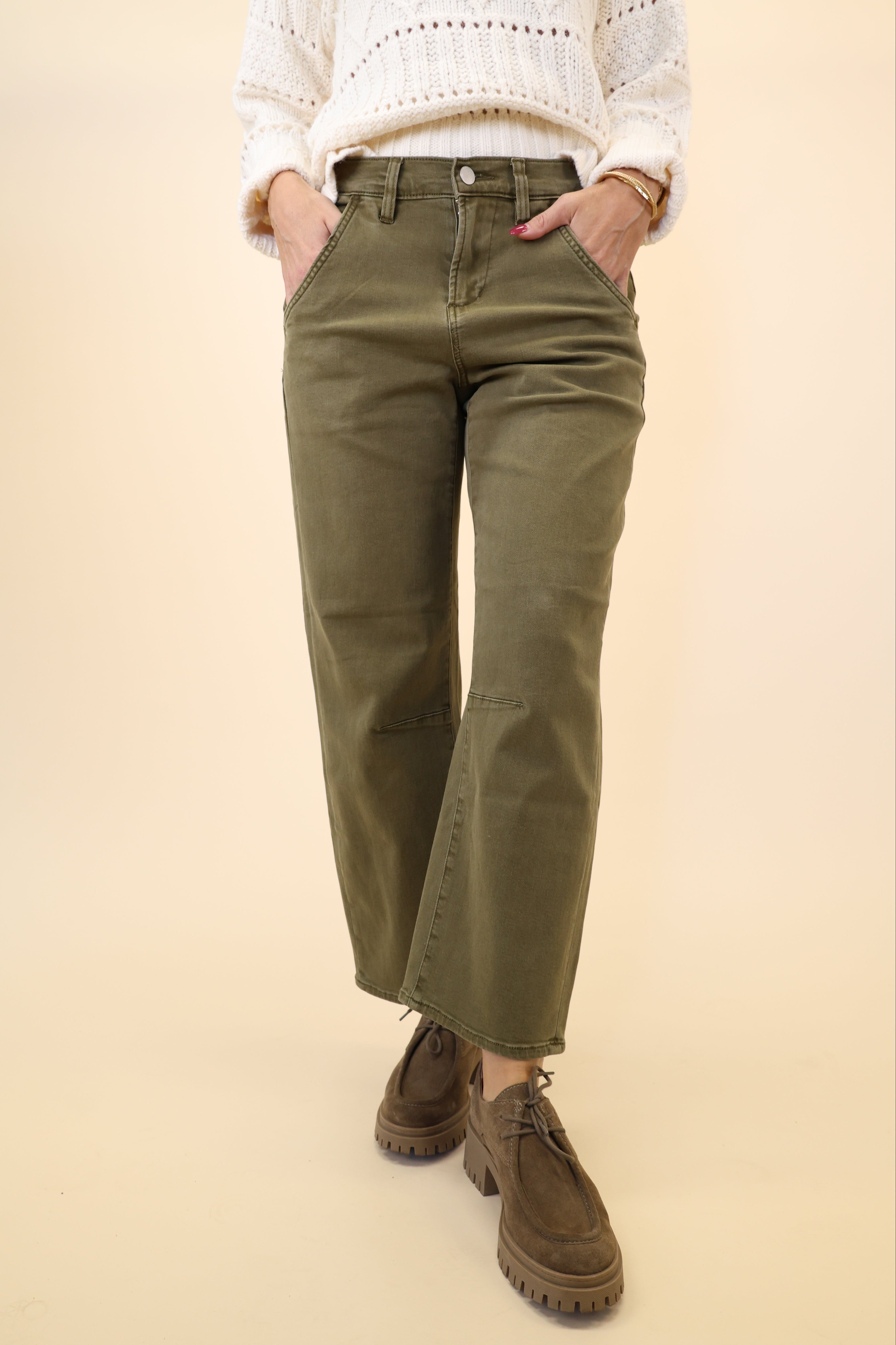 Dear John Lasso barrel leg cargo pants in green denim with cropped ankle fit and relaxed shape