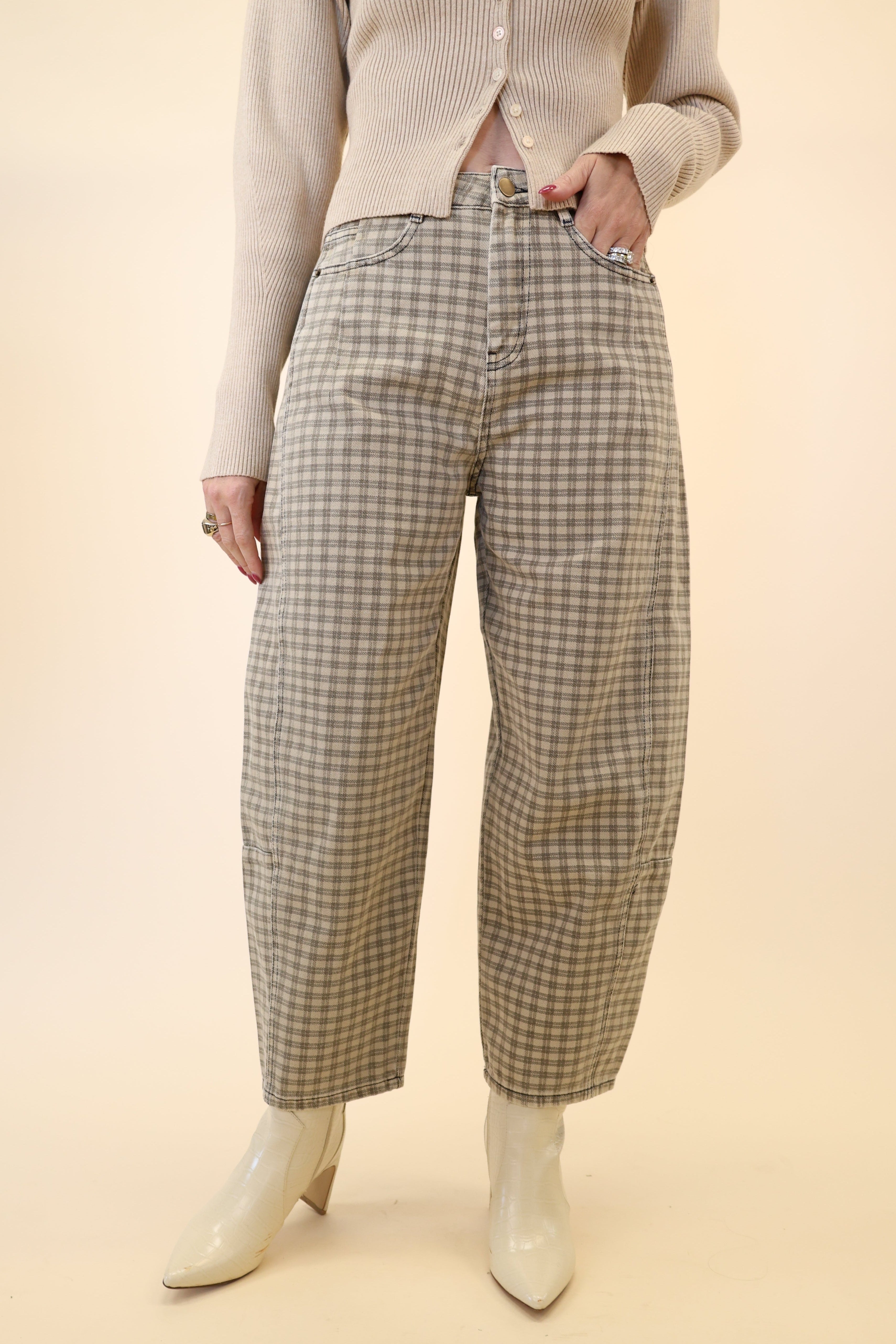 Miou Muse mini check barrel pants in neutral tan plaid with ankle-length inseam