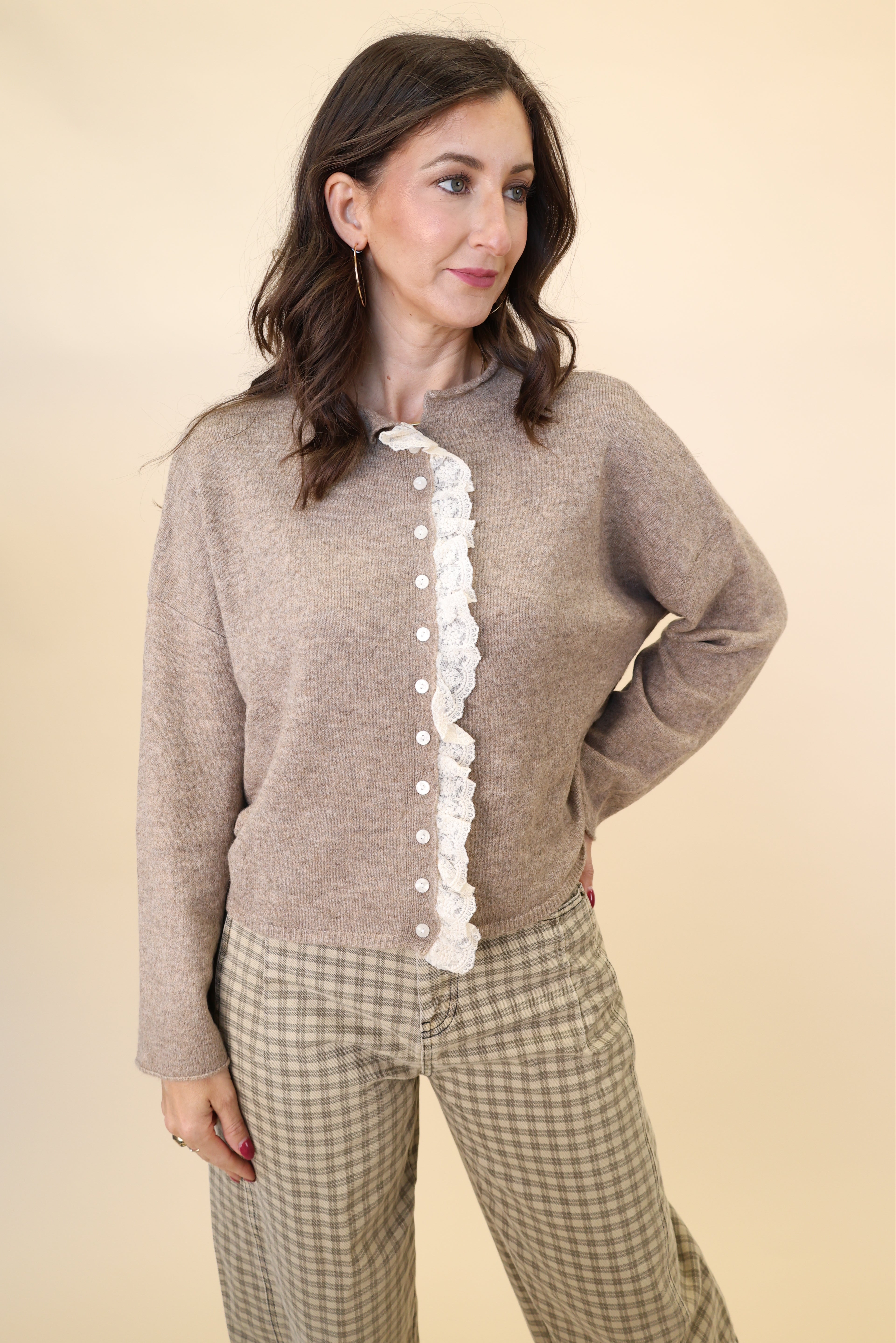 Miou Muse All Frills cardigan in beige with soft knit fabric and delicate white lace trim