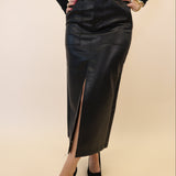 Black faux leather utility skirt from Pistola — long silhouette with front slit and 5 functional pockets
