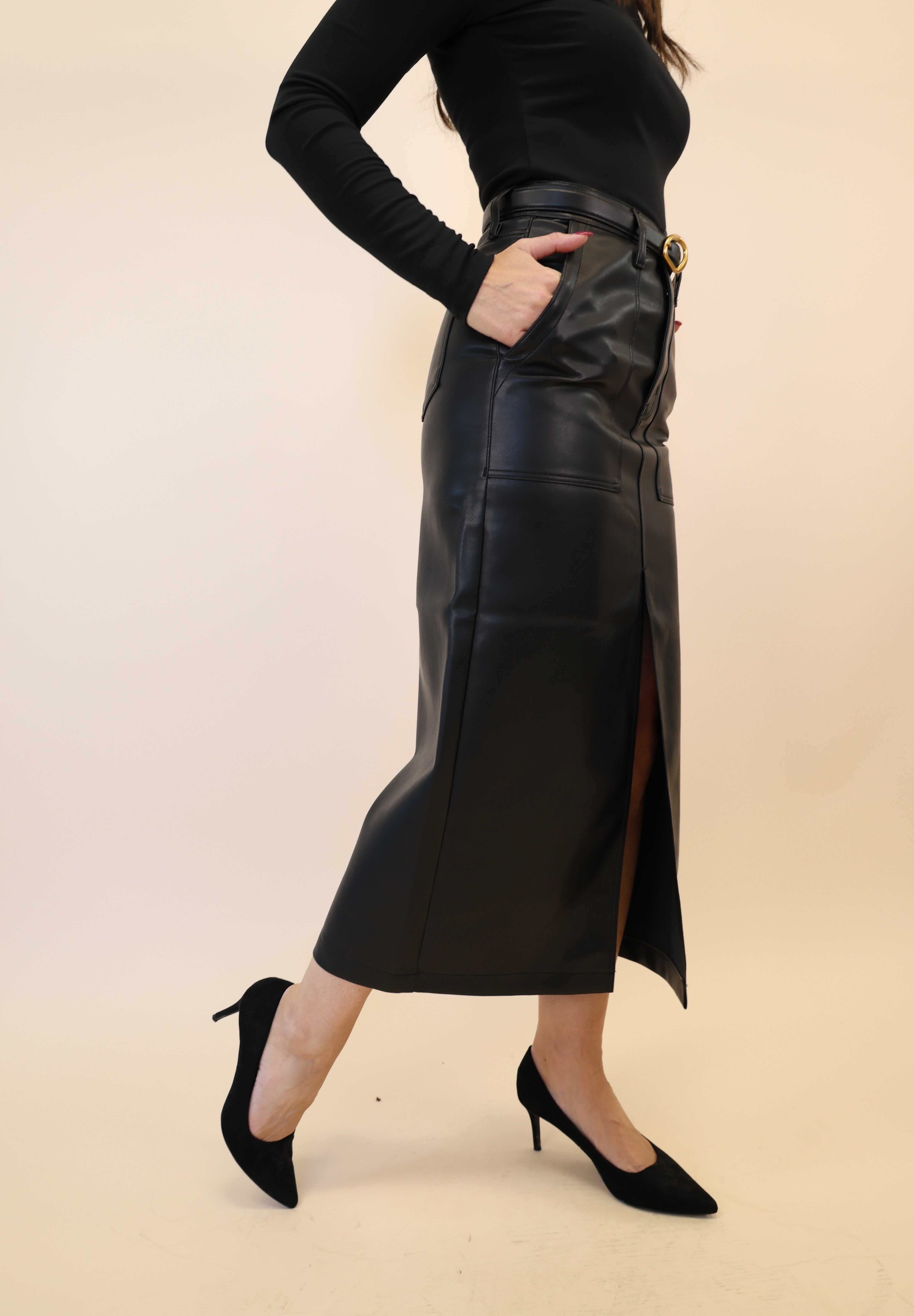 Pistola Alice black faux leather Utility Skirt with center slit and five-pocket detailing