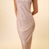 Ankle-length rose gold sequin dress, scoop neckline and spaghetti straps, Z Supply Paulina style.