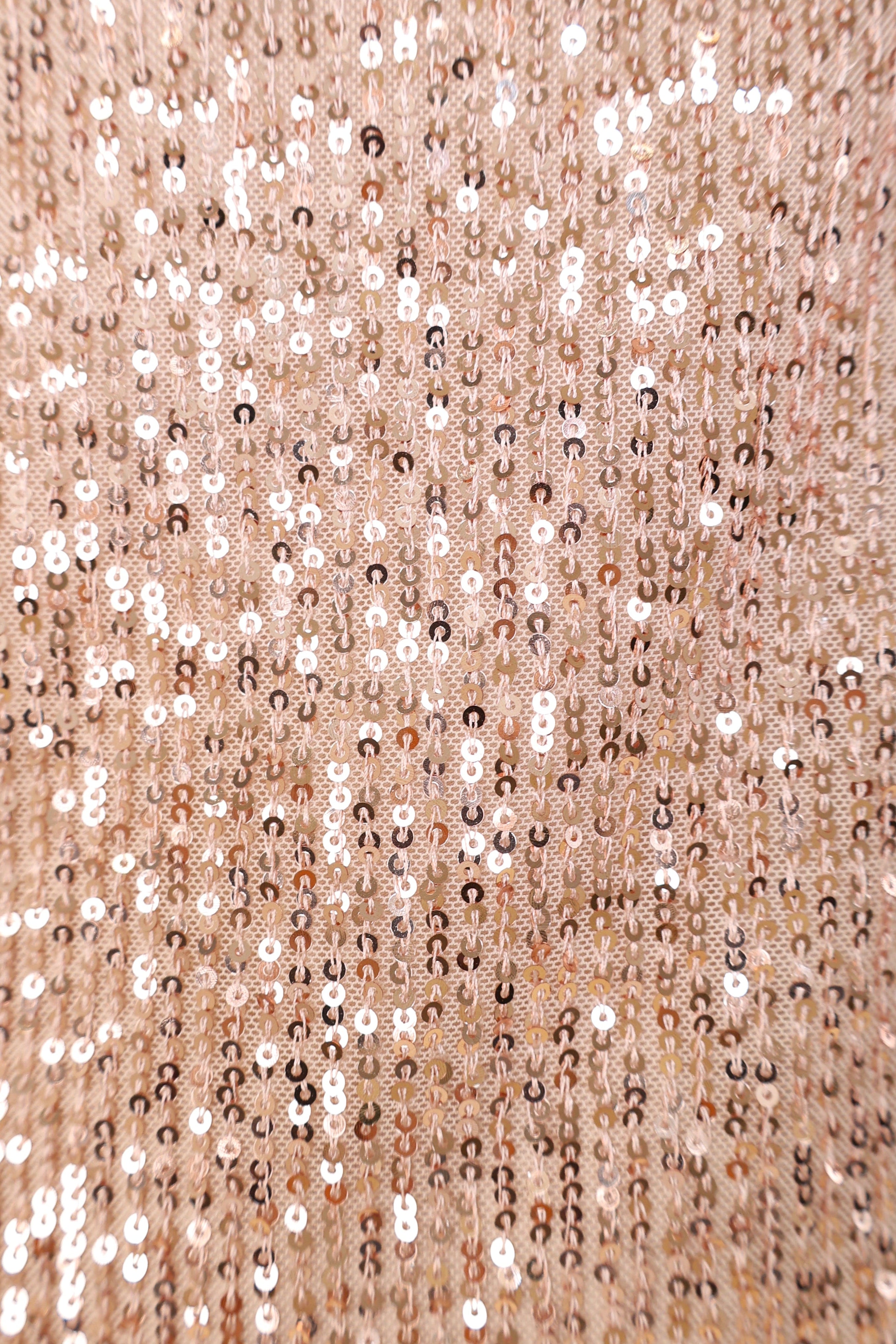 Z Supply women’s Paulina dress in shimmering rose gold sequins, ankle-length, scoop neck, spaghetti straps.