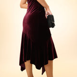 Burgundy velvet midi dress by Steve Madden featuring a soft, luxurious texture.