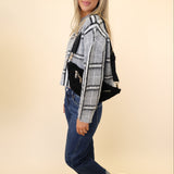 DeLuc Jacob women’s grey plaid sweater with cozy mock neckline and full sleeves.