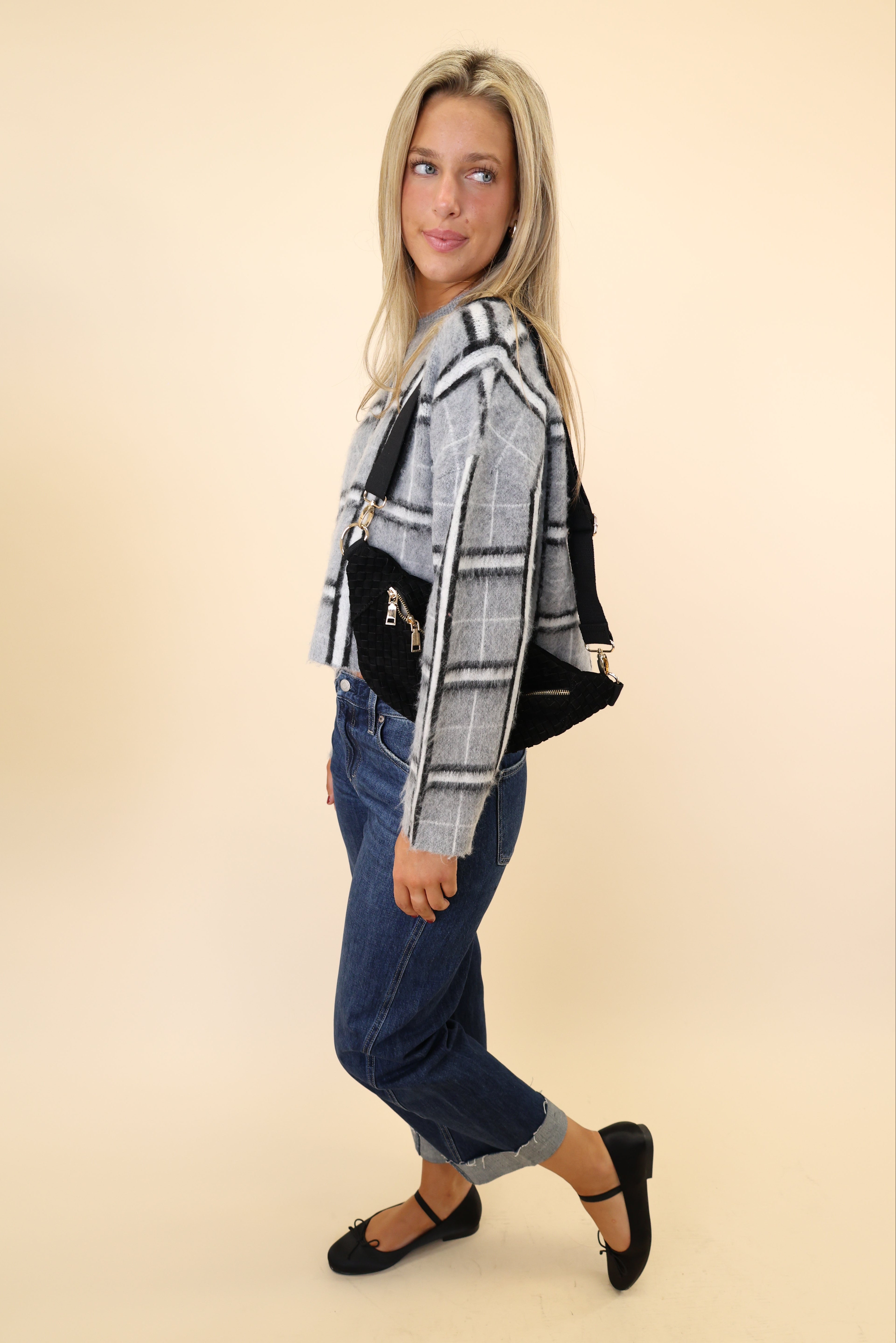 DeLuc Jacob women’s grey plaid sweater with cozy mock neckline and full sleeves.