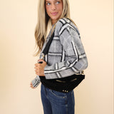 Grey plaid long-sleeve sweater for women by DeLuc Jacob with mock neckline.