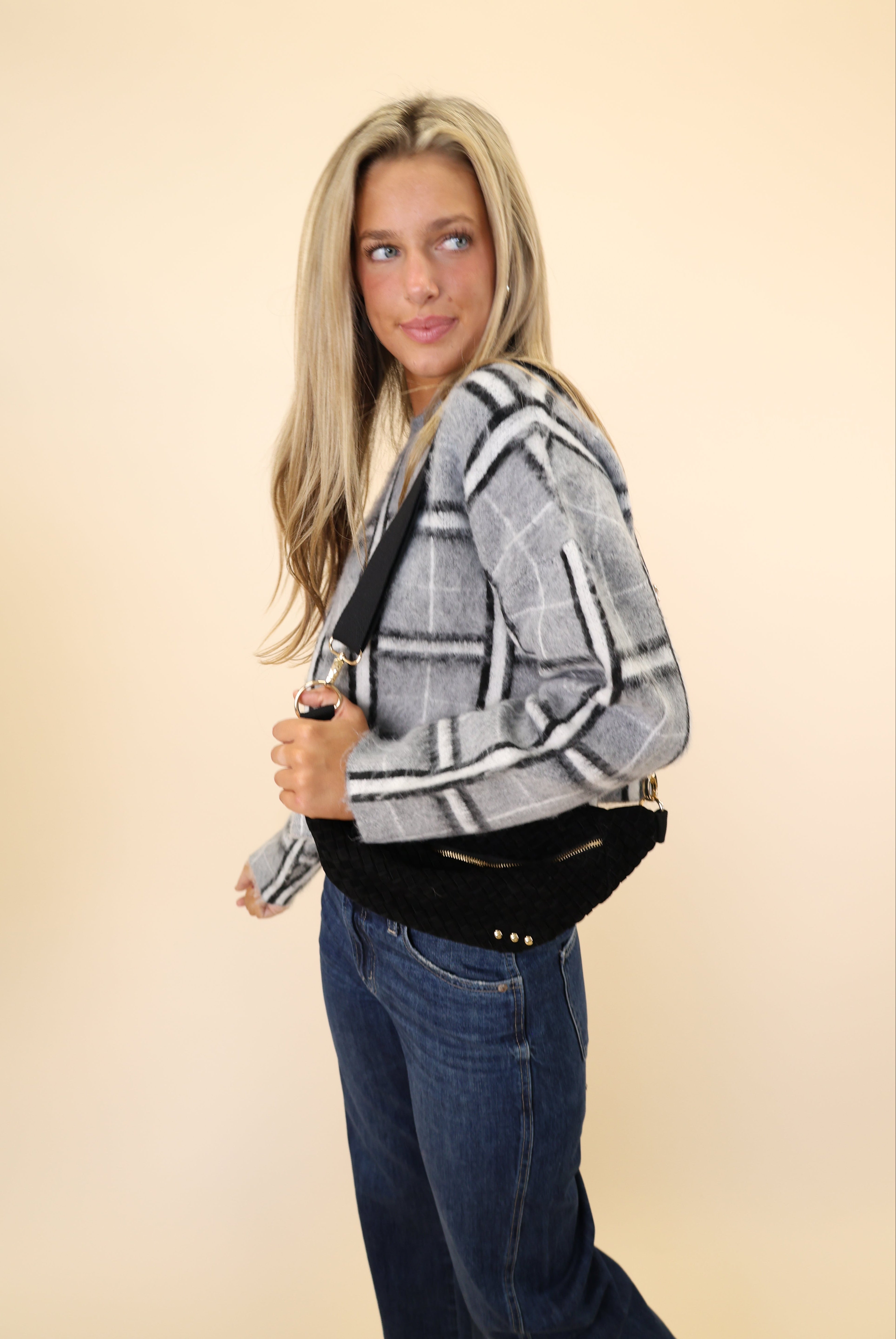 Grey plaid long-sleeve sweater for women by DeLuc Jacob with mock neckline.