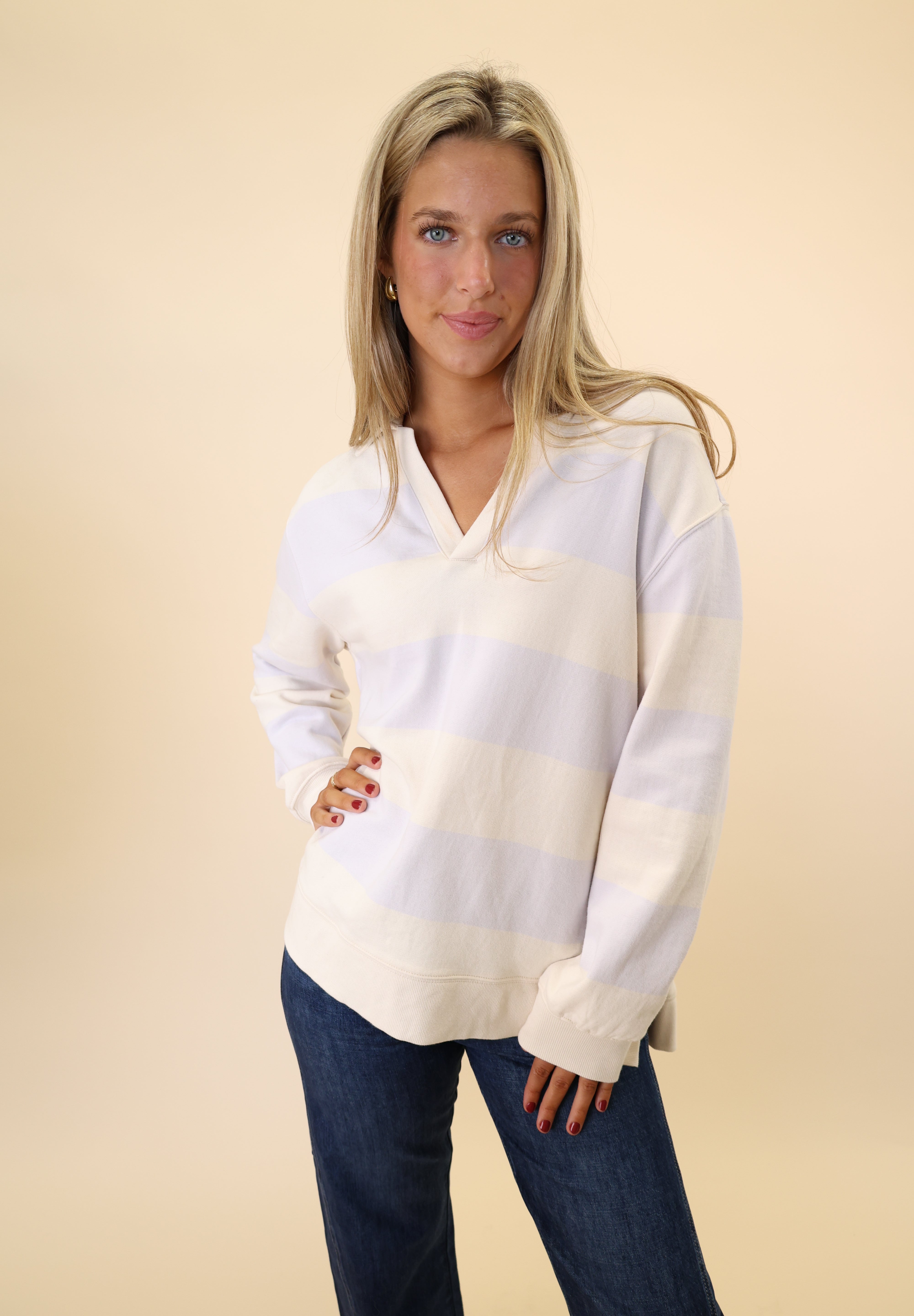 Sporty-cute oversized rugby Henley in soft beige by Z Supply for women.