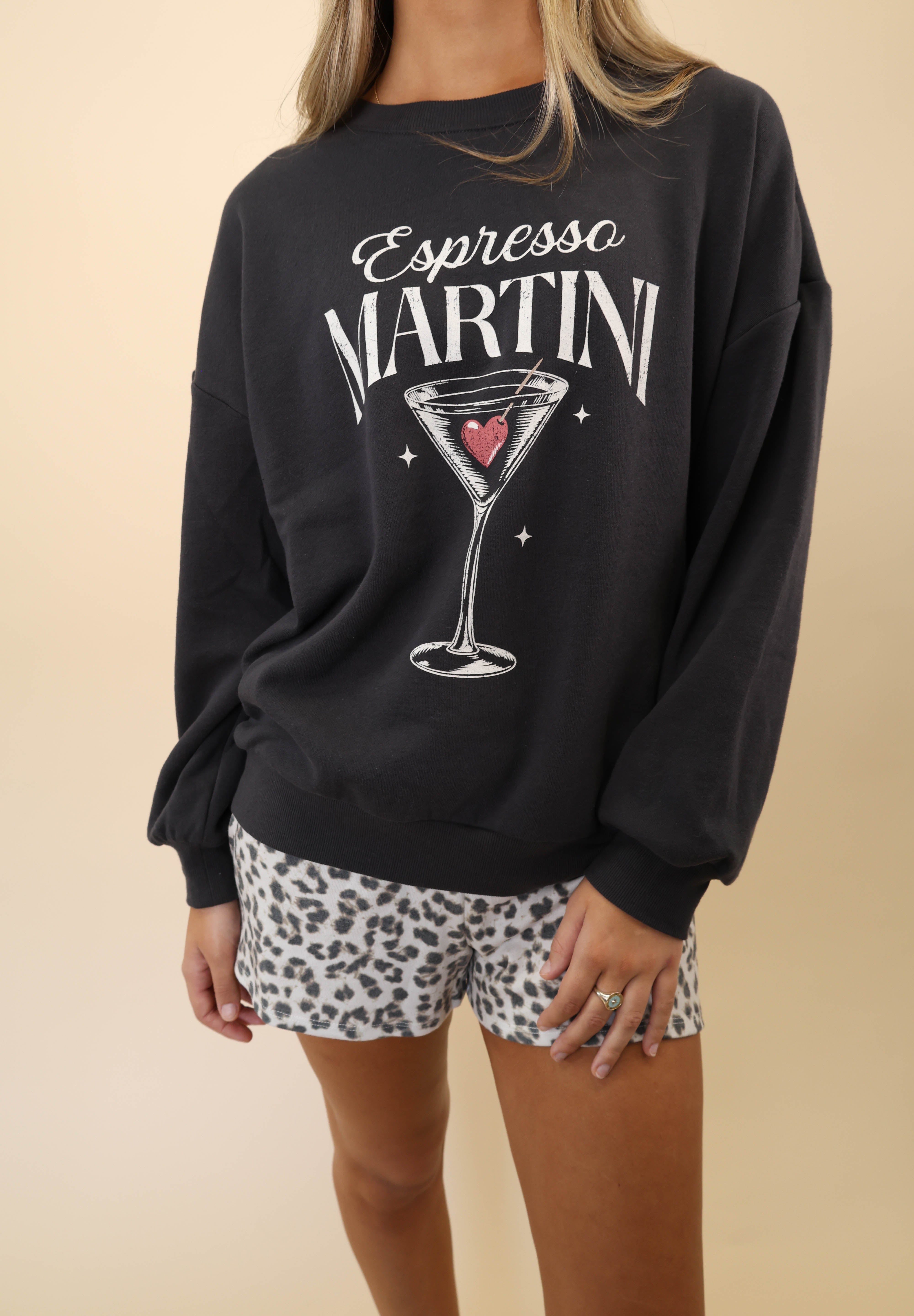 Black long sleeve oversized sweatshirt by Z Supply featuring playful Espresso Martini design