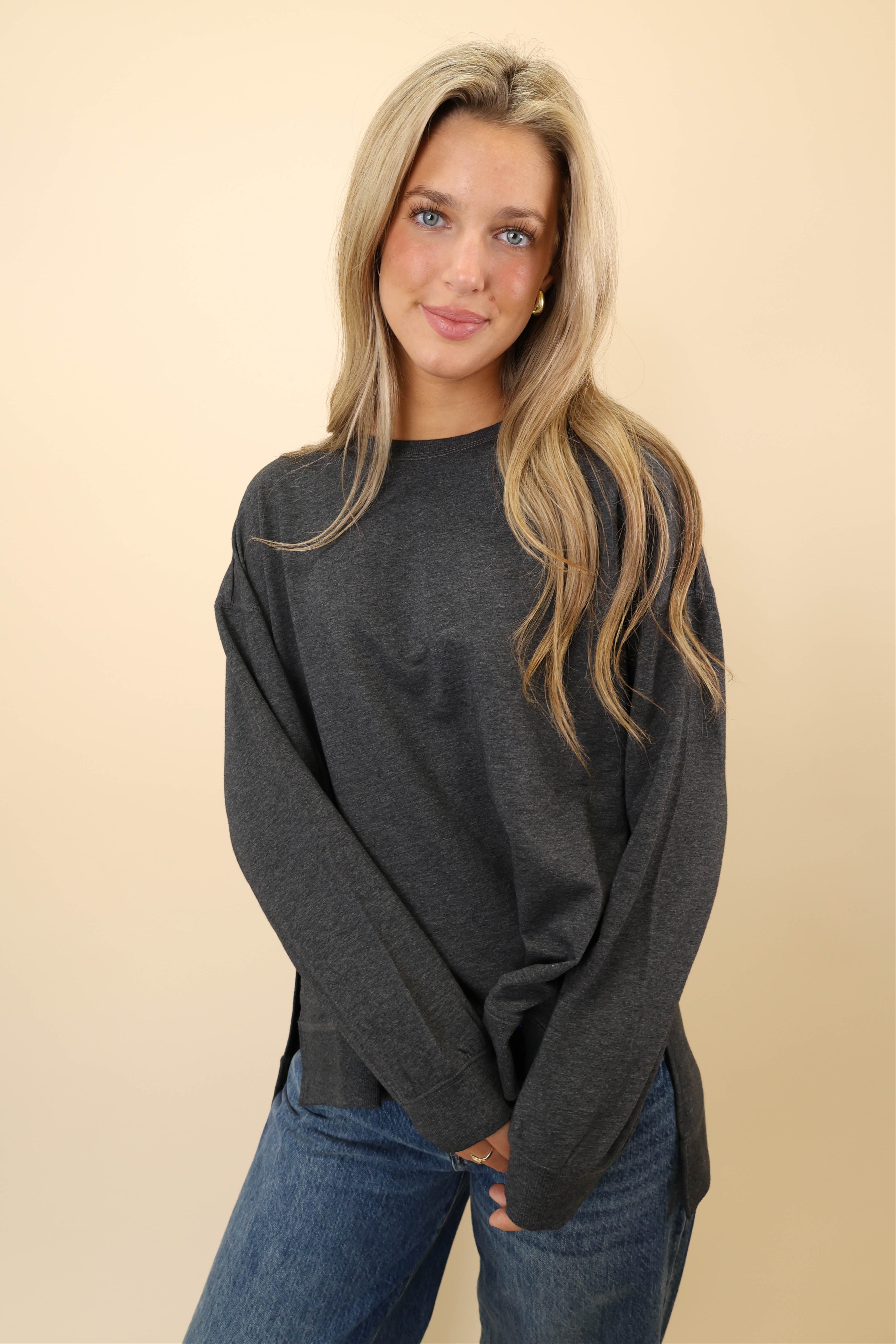 Z Supply Modern Weekender in charcoal gray with crewneck design and ultra-soft fabric