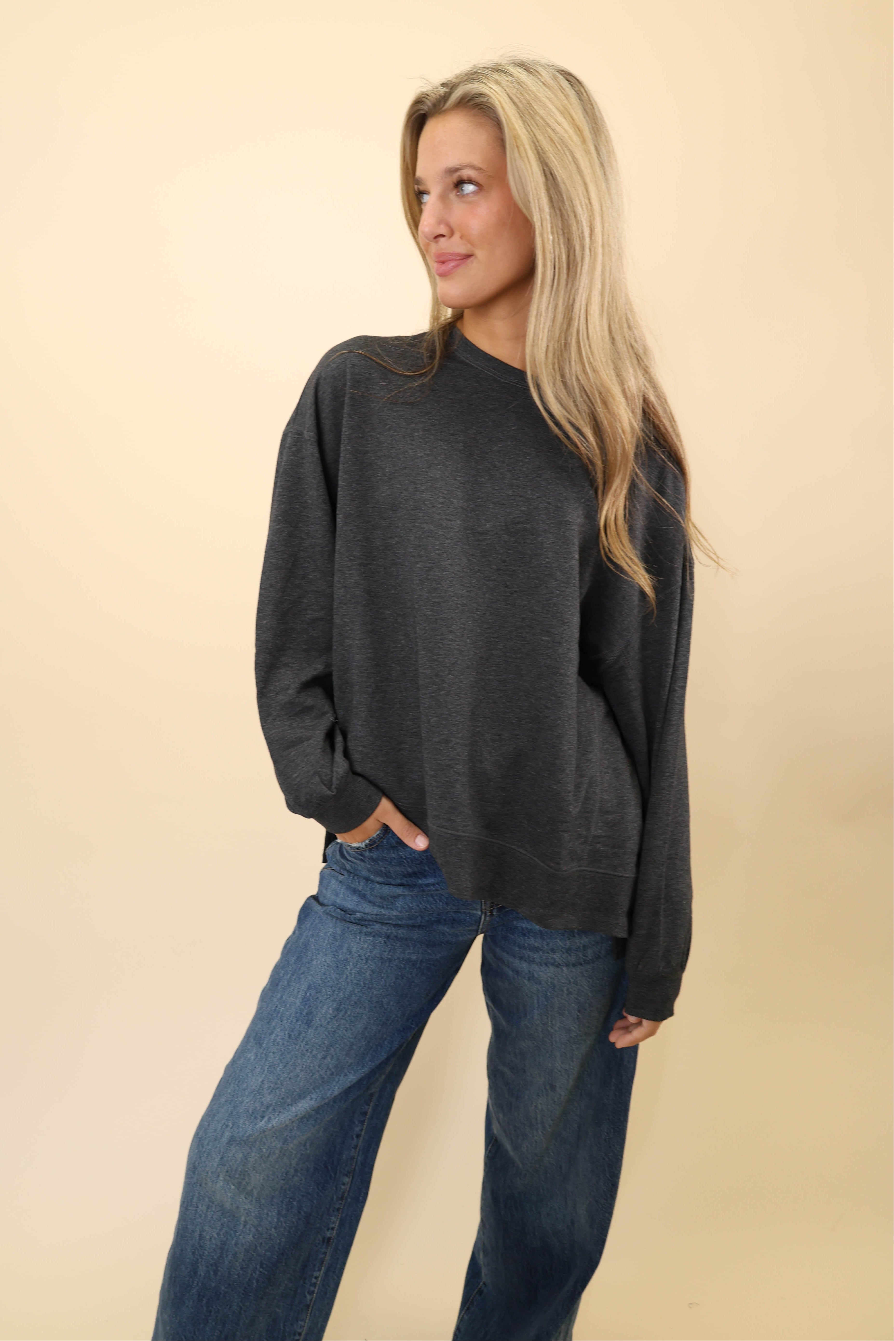 Charcoal crewneck pullover by Z Supply featuring relaxed fit and cozy, soft texture