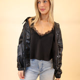 Front view of Z Supply Uma satin cami in black with lace V-neck, regular fit, and adjustable spaghetti straps.