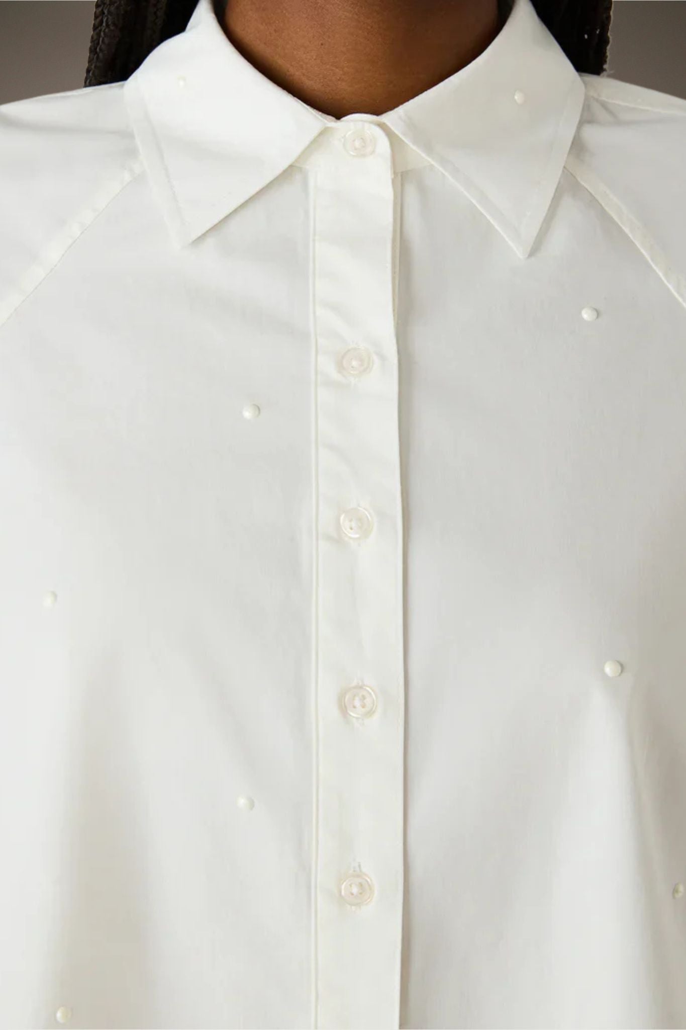 Tess pearl top Shear Boutique spring 2026 white button down blouse pearl embellished women’s shirt