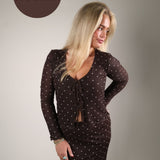 Amara Dark Chocolate polka dot mesh top with fitted silhouette from Shear Boutique in Olney, Maryland