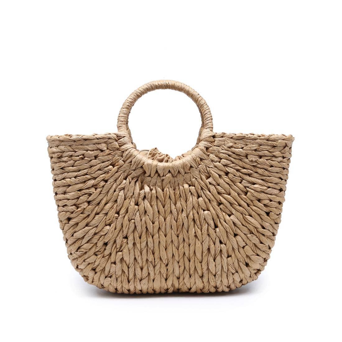 Lightweight natural straw tote bag with drawstring lining perfect for beach days and vacation