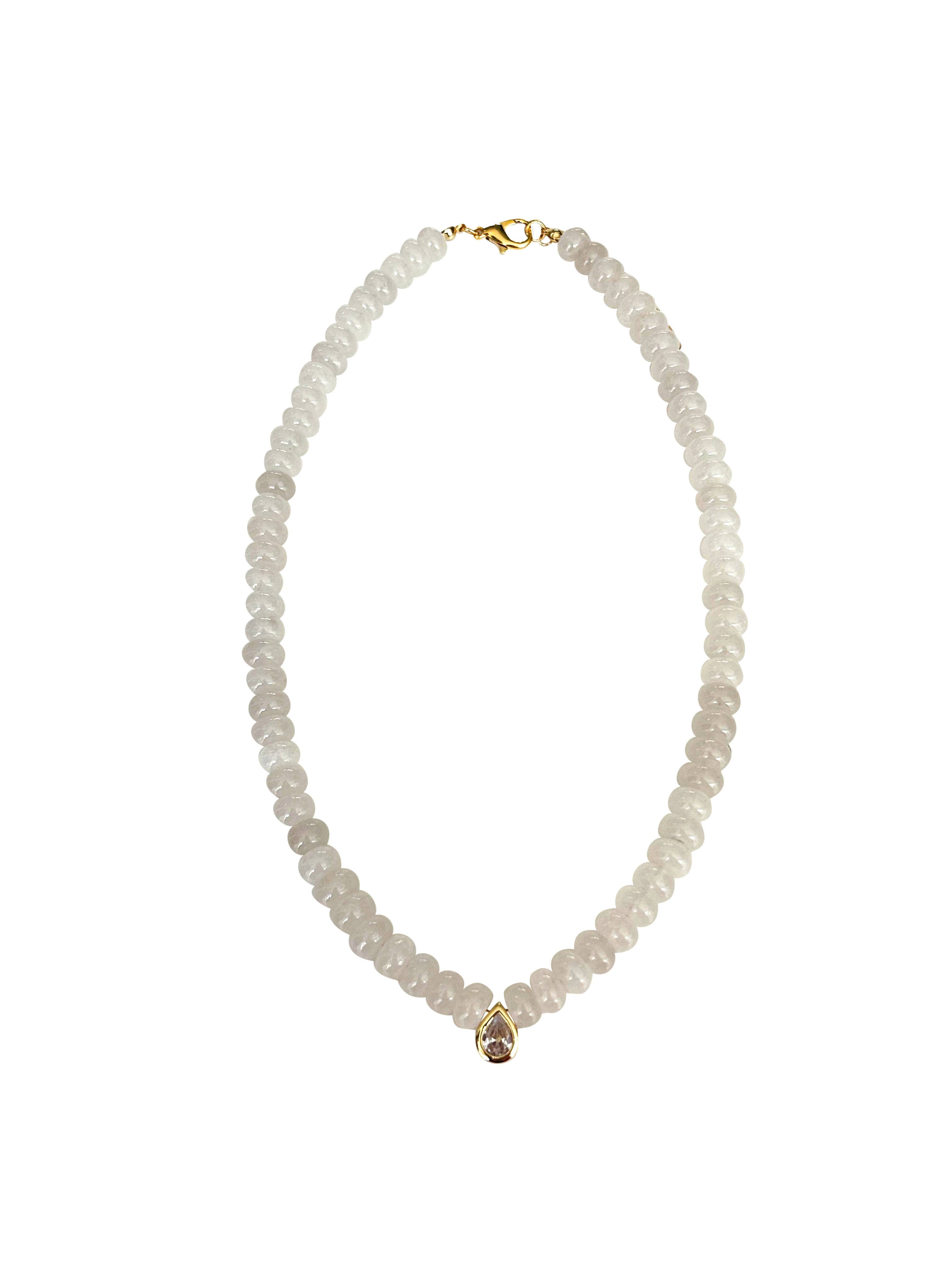 Gemelli Dori white beaded necklace with faceted beads and a CZ teardrop pendant.