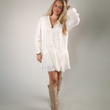 Women’s Sugar Swizzle boho mini dress with ruffle details, button front, and long sleeves