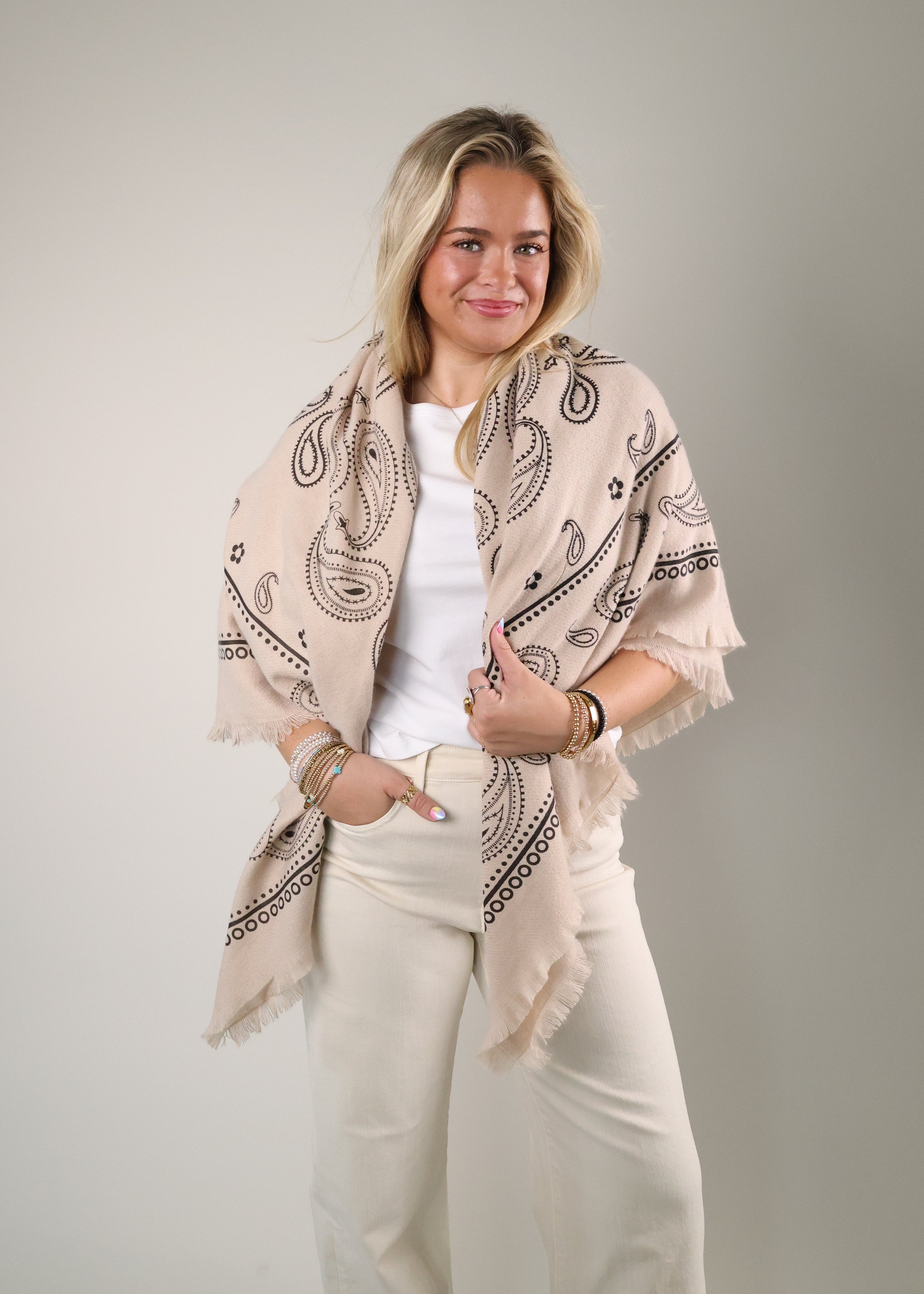 Sasha oversized taupe bandana scarf with paisley pattern from Shear Boutique in Olney, Maryland