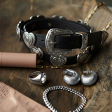 Grunge Silver Heart Concho Leather Belt: Black