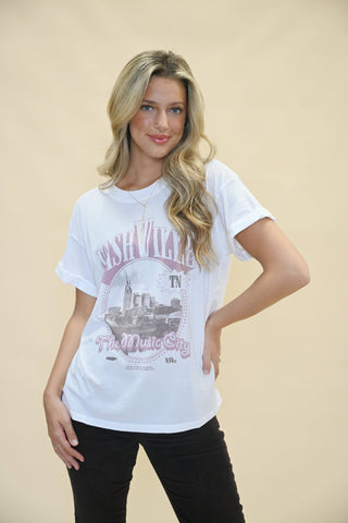 Classic white Nashville Skyline T-shirt by Girl Dangerous — casual vintage graphic with laid-back Southern charm.