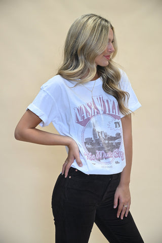 Girl Dangerous Nashville Skyline Tee — white, vintage-inspired graphic t-shirt with soft cotton feel and relaxed fit.