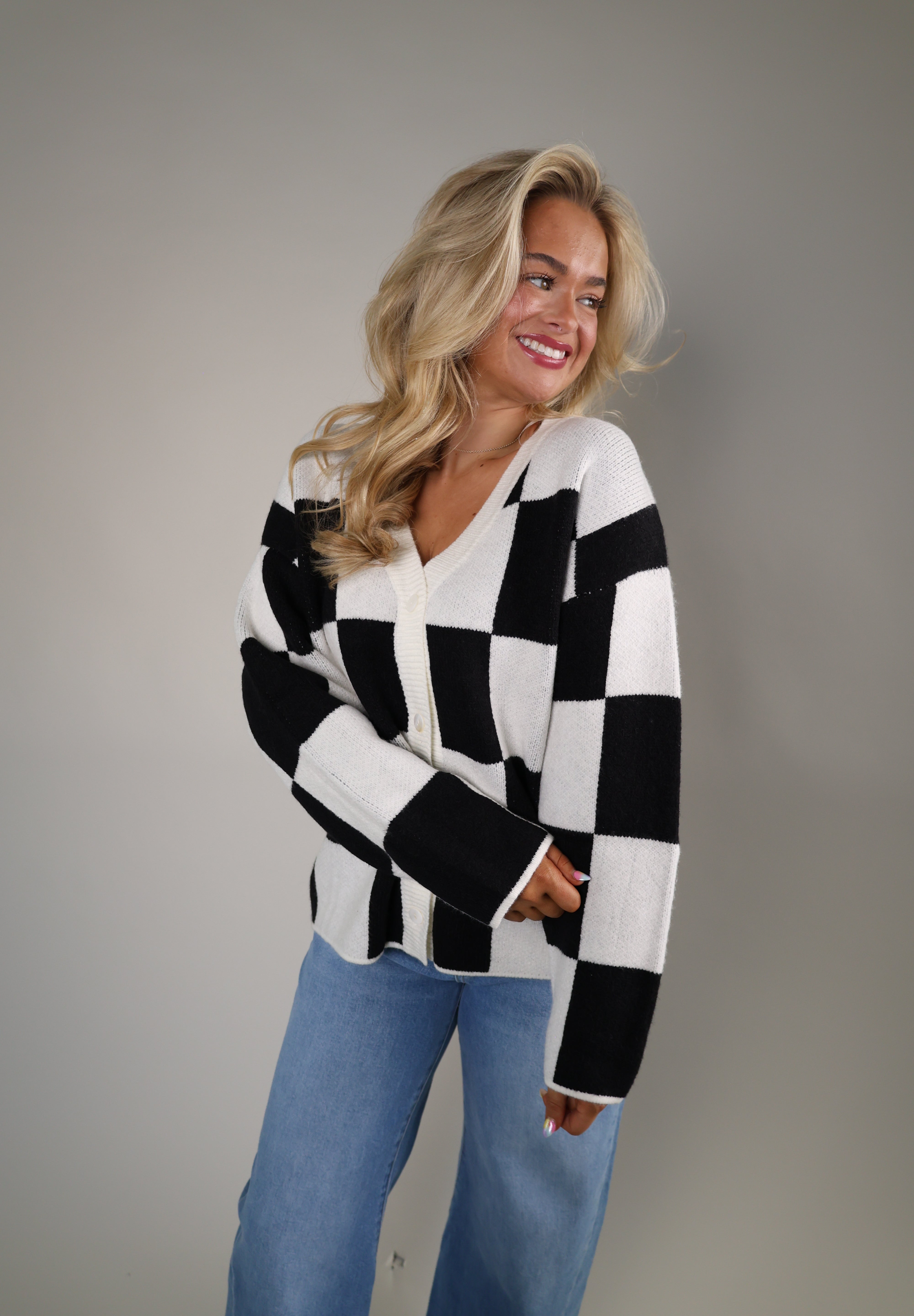 Brooke Campus Cardigan for women with bold checker knit and relaxed fit