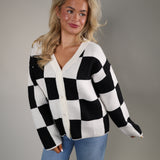 Cozy checker knit sweater for women with long sleeves and ribbed trim