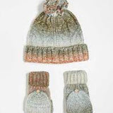 Free People Rainbow Run hat and glove set showing pom-pom beanie and ribbed convertible mittens.