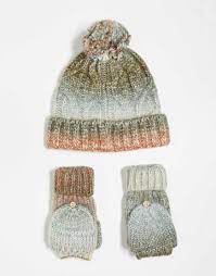 Free People Rainbow Run hat and glove set showing pom-pom beanie and ribbed convertible mittens.