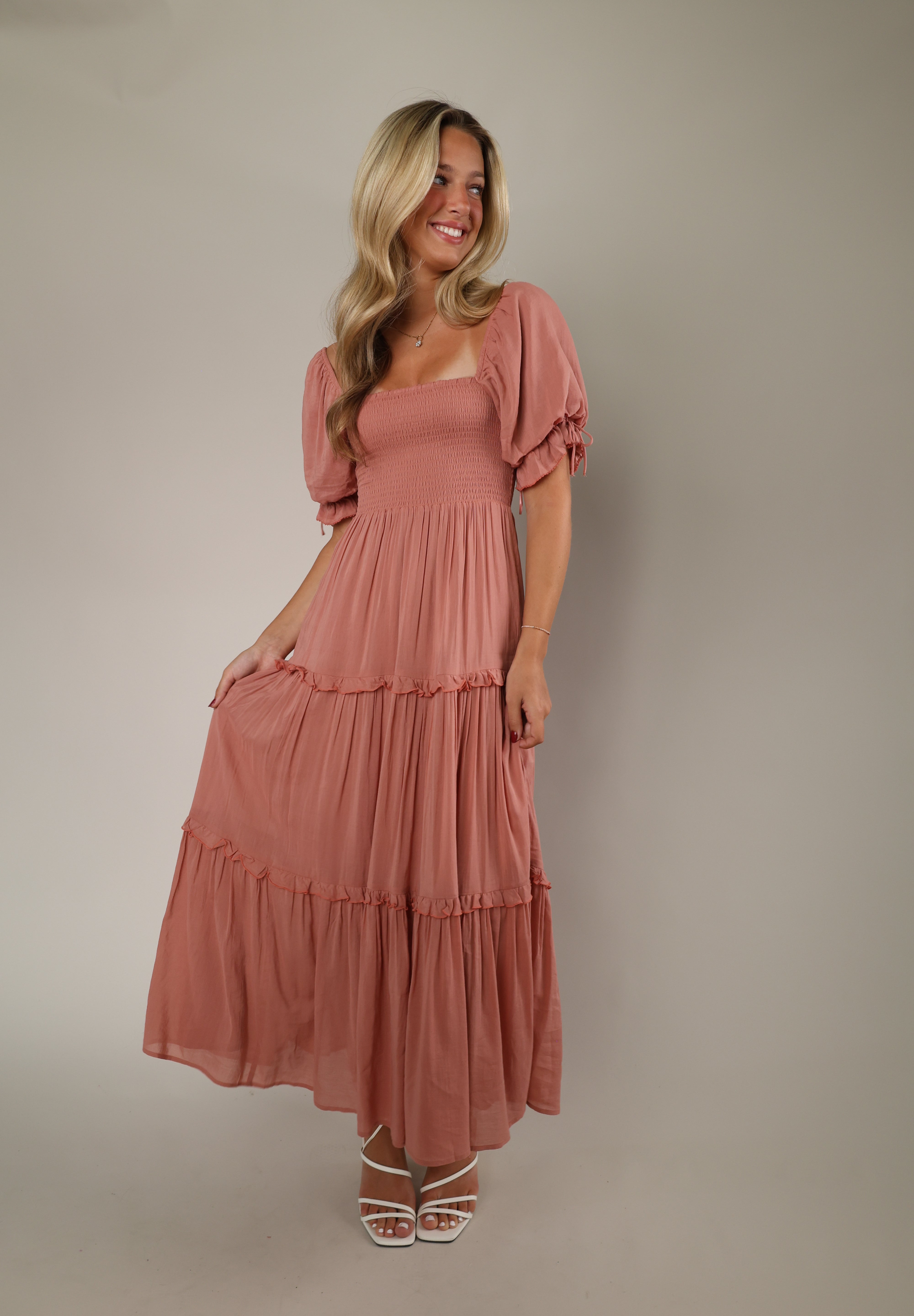 Women's maxi dress with feminine silhouette, lightweight feel, flowy design, summer occasion dress, wedding guest dress, and vacation outfit