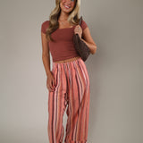 Women's striped linen blend pants with wide-leg fit, elastic waistband, lightweight fabric, casual summer outfit, vacation-ready style