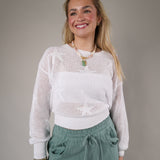 Lightweight white pullover sweater with an open-weave knit texture, crew neckline, and relaxed everyday fit.