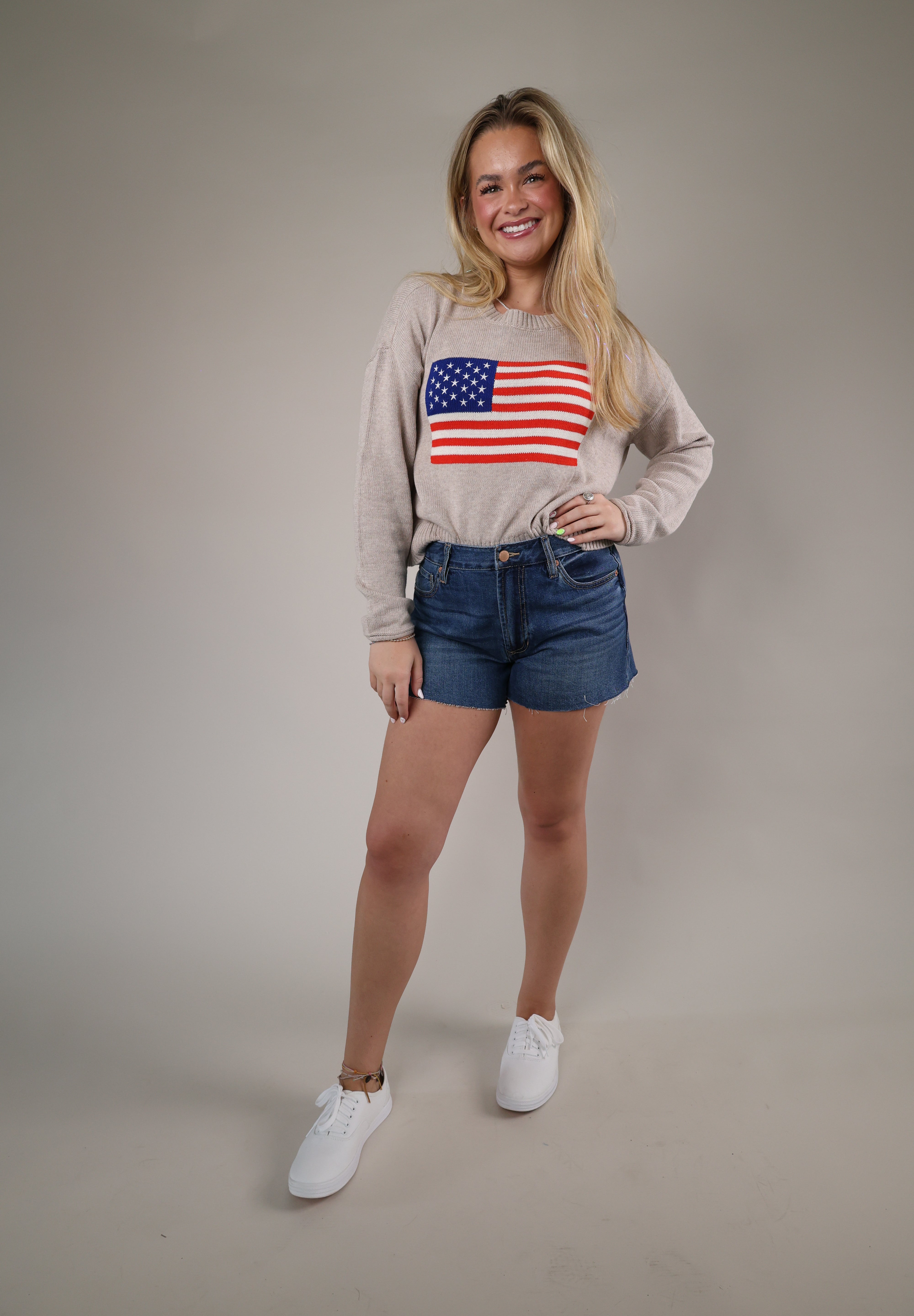 Casual patriotic sweater by Z Supply with a classic crew neckline, oversized silhouette, and textured American flag detail.