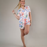 Z Supply Beach Days Getaway PJ Top showcasing playful beach-themed artwork with seashells, palm trees, and ocean-inspired details.