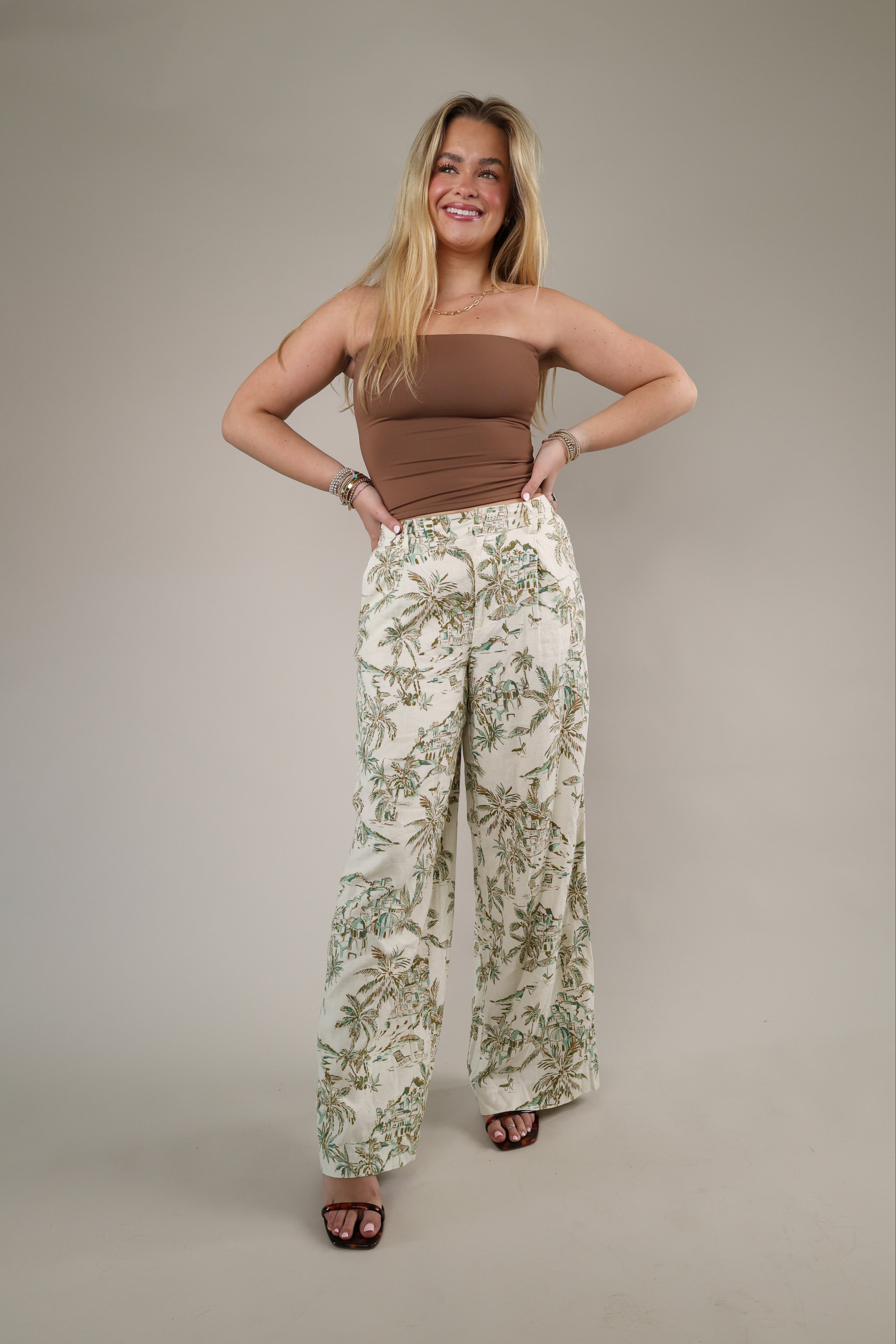 Z Supply Overlook Tiki Tide Linen Pant styled with sandals, showcasing a comfortable high-rise waist and relaxed beachy vibe.