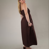 Chocolate brown poplin maxi dress by Z Supply with a lightweight airy feel, gathered skirt, and feminine textured bodice.