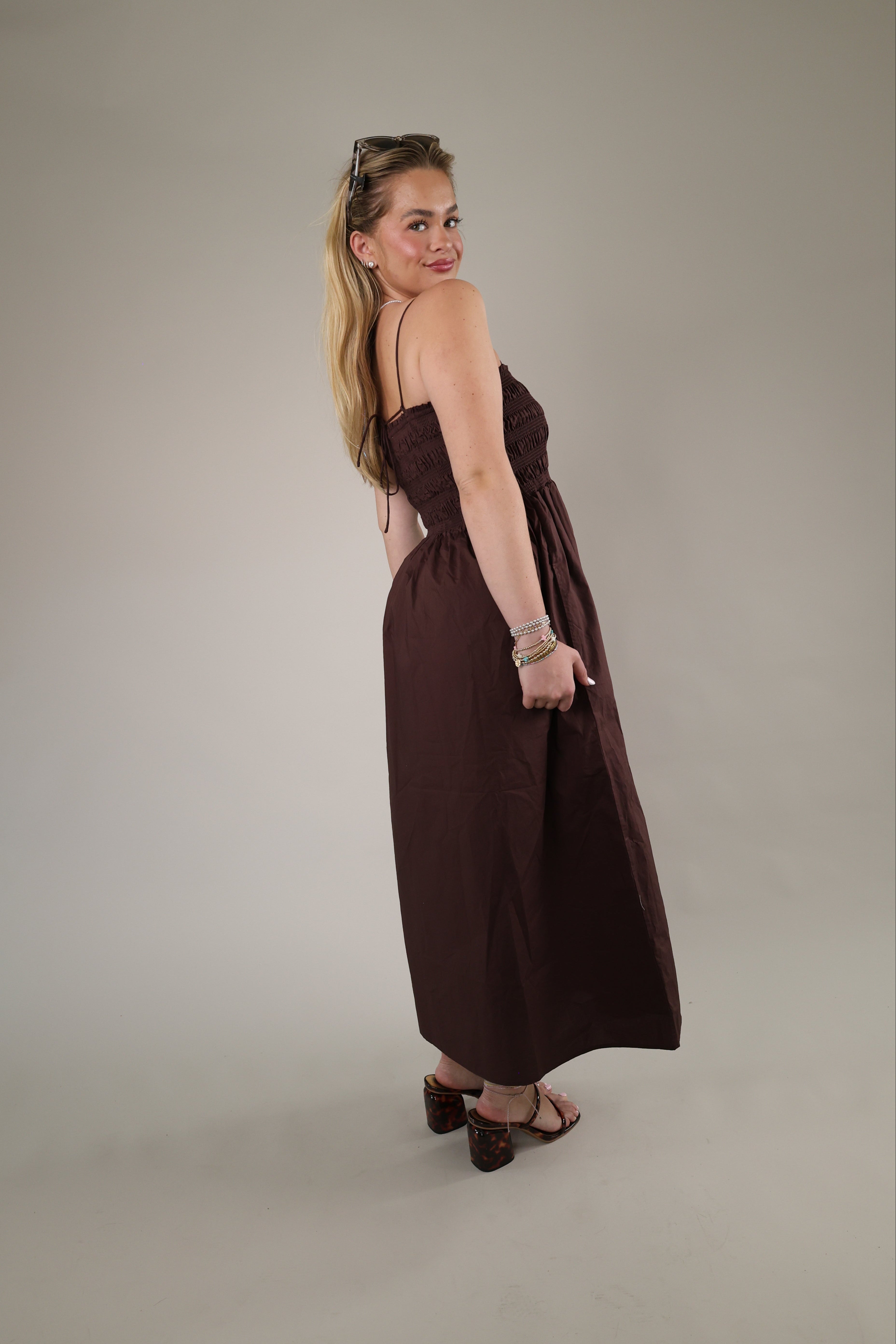 Chocolate brown poplin maxi dress by Z Supply with a lightweight airy feel, gathered skirt, and feminine textured bodice.