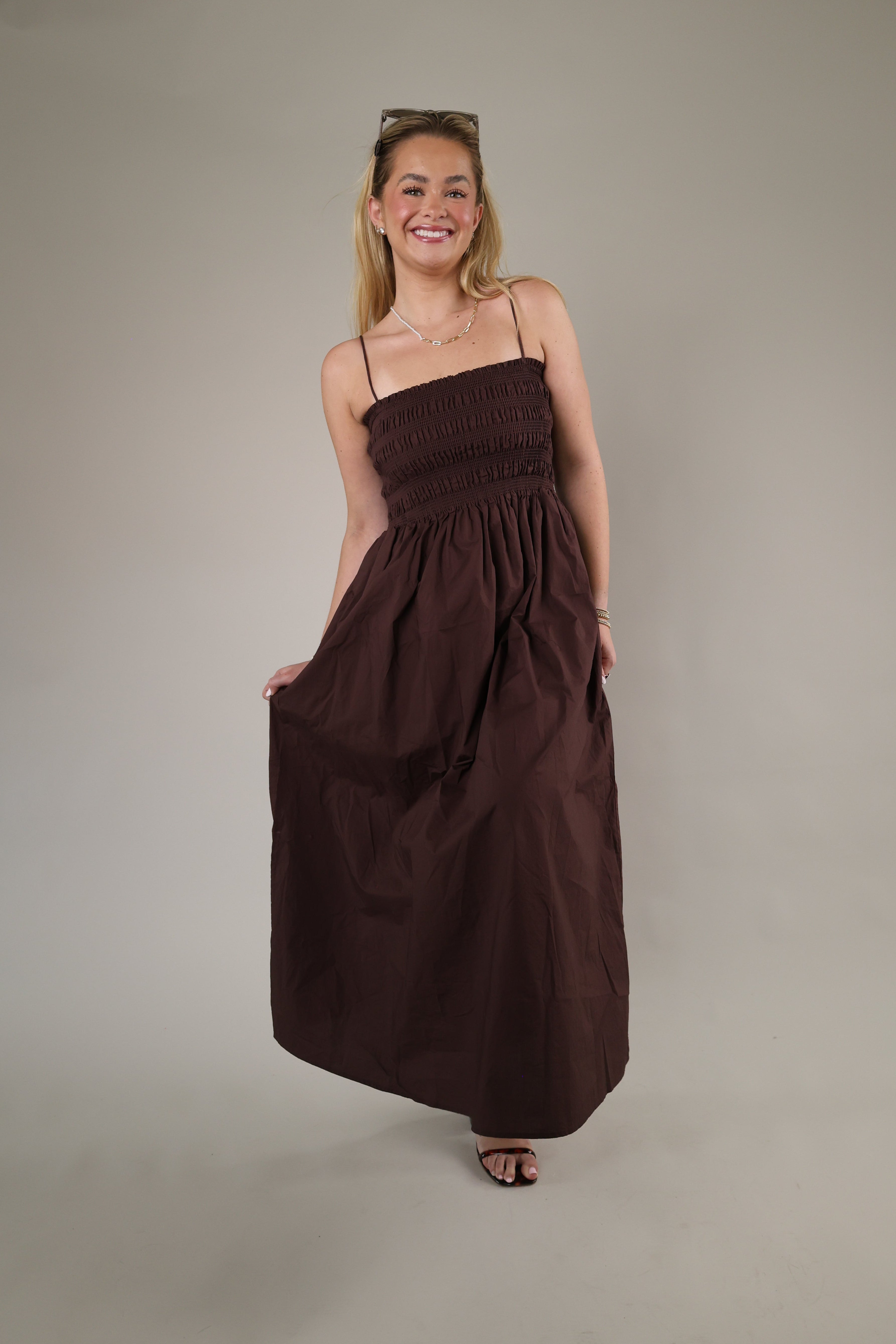Z Supply Cornelia Poplin Maxi Dress in Chocolate Cherry styled with sandals, showcasing a relaxed fit and elegant full-length design.