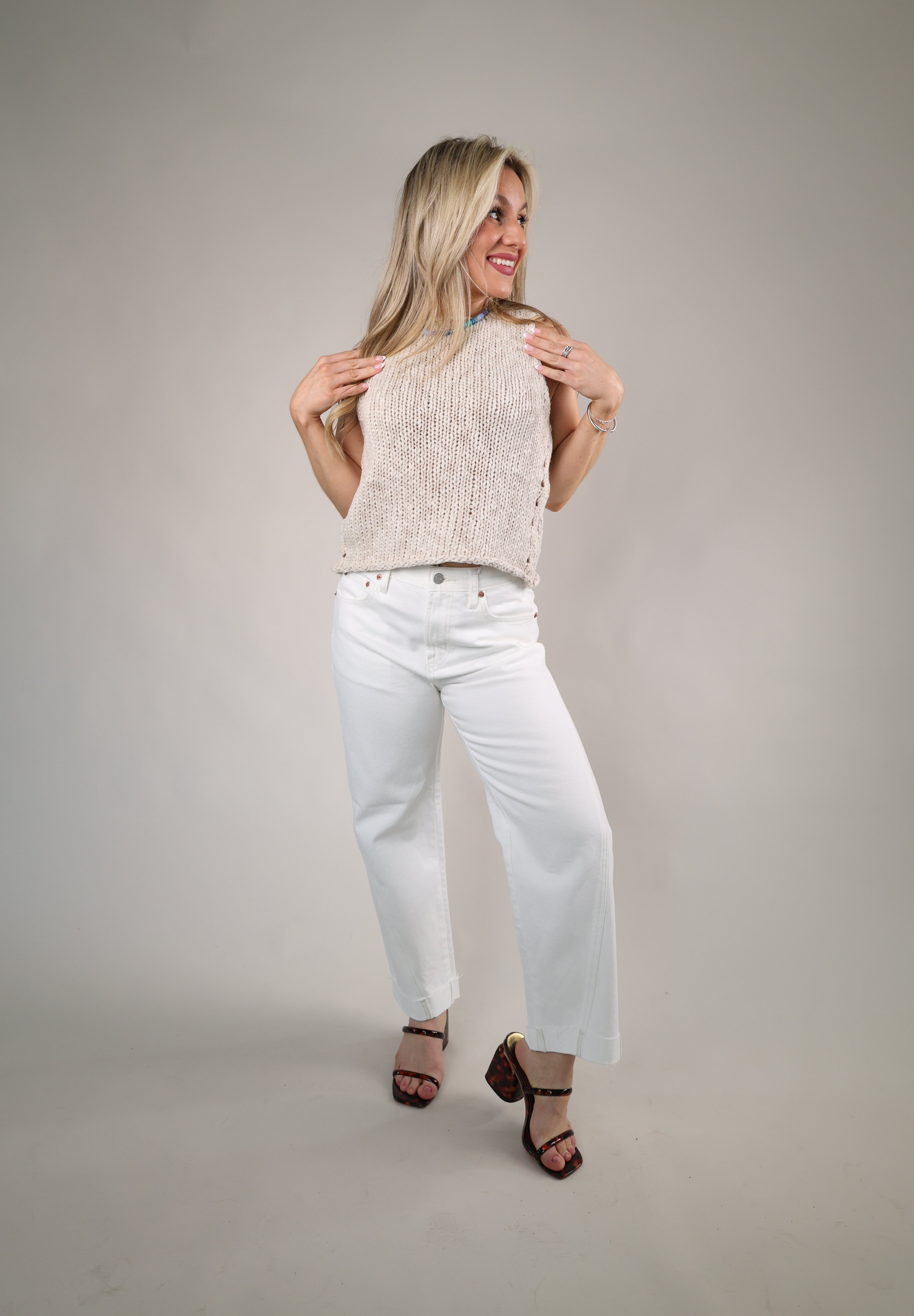 Lightweight cotton-blend Opal Tank in soft Tea color styled with denim and linen for summer