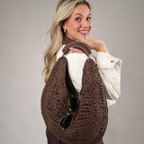 Chocolate Camden Hobo bag featuring a slouchy crochet-woven silhouette and padded top handle for summer styling