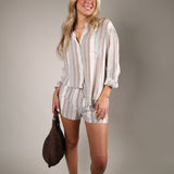 Women’s striped linen-blend shorts with an elastic drawstring waistband, side pockets, and comfortable pull-on design for warm-weather days