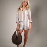 Women’s striped button-down shirt with a relaxed fit, classic collar, and breezy linen-rayon blend perfect for summer outfits