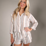 The Perfect Striped Button Up in Island Coconut featuring lightweight linen-blend fabric, vertical stripes, and effortless coastal style from Shear Boutique
