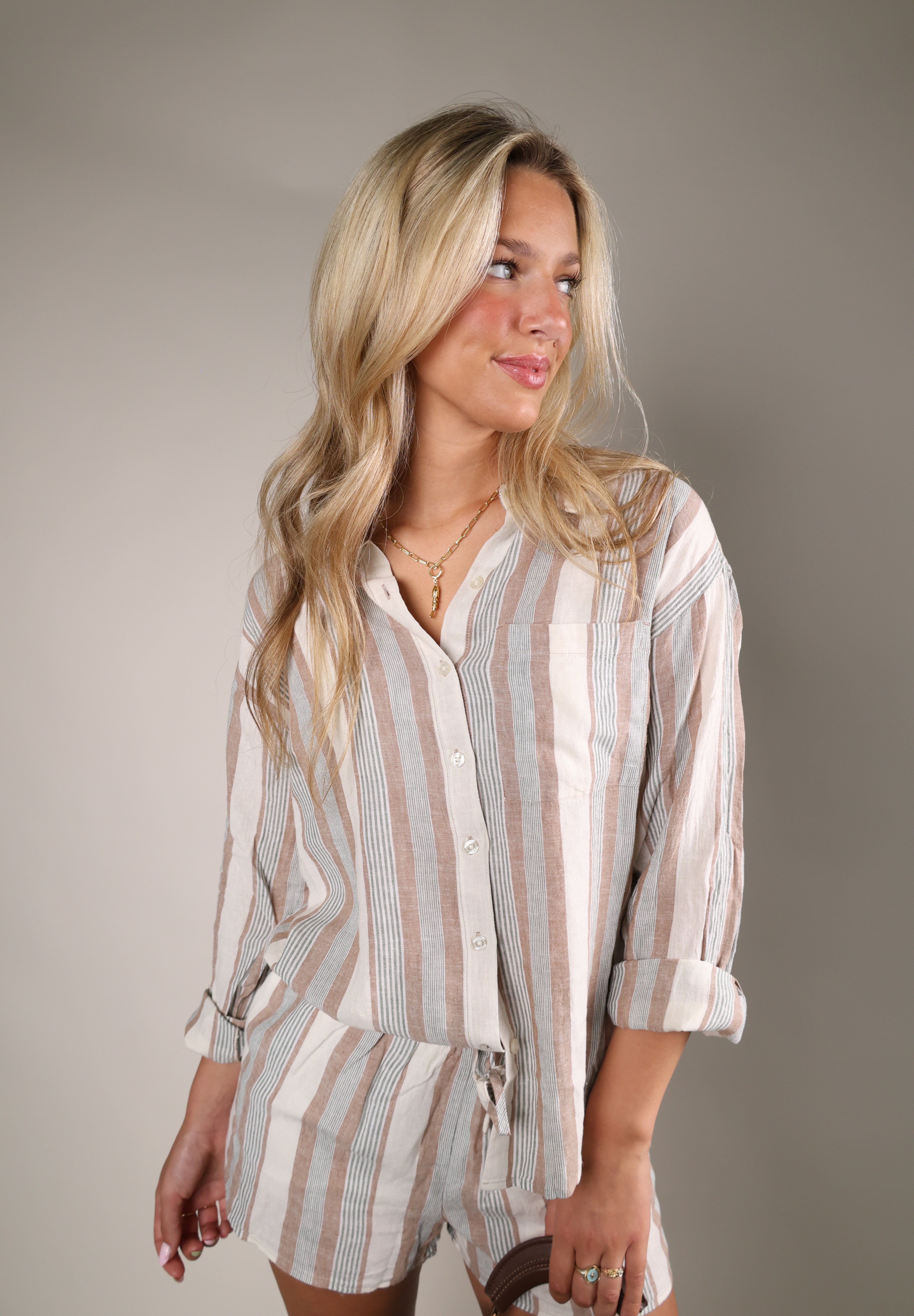 Shear Boutique Perfect Striped Button Up styled open over a tank or paired with denim and linen shorts for an elevated everyday look