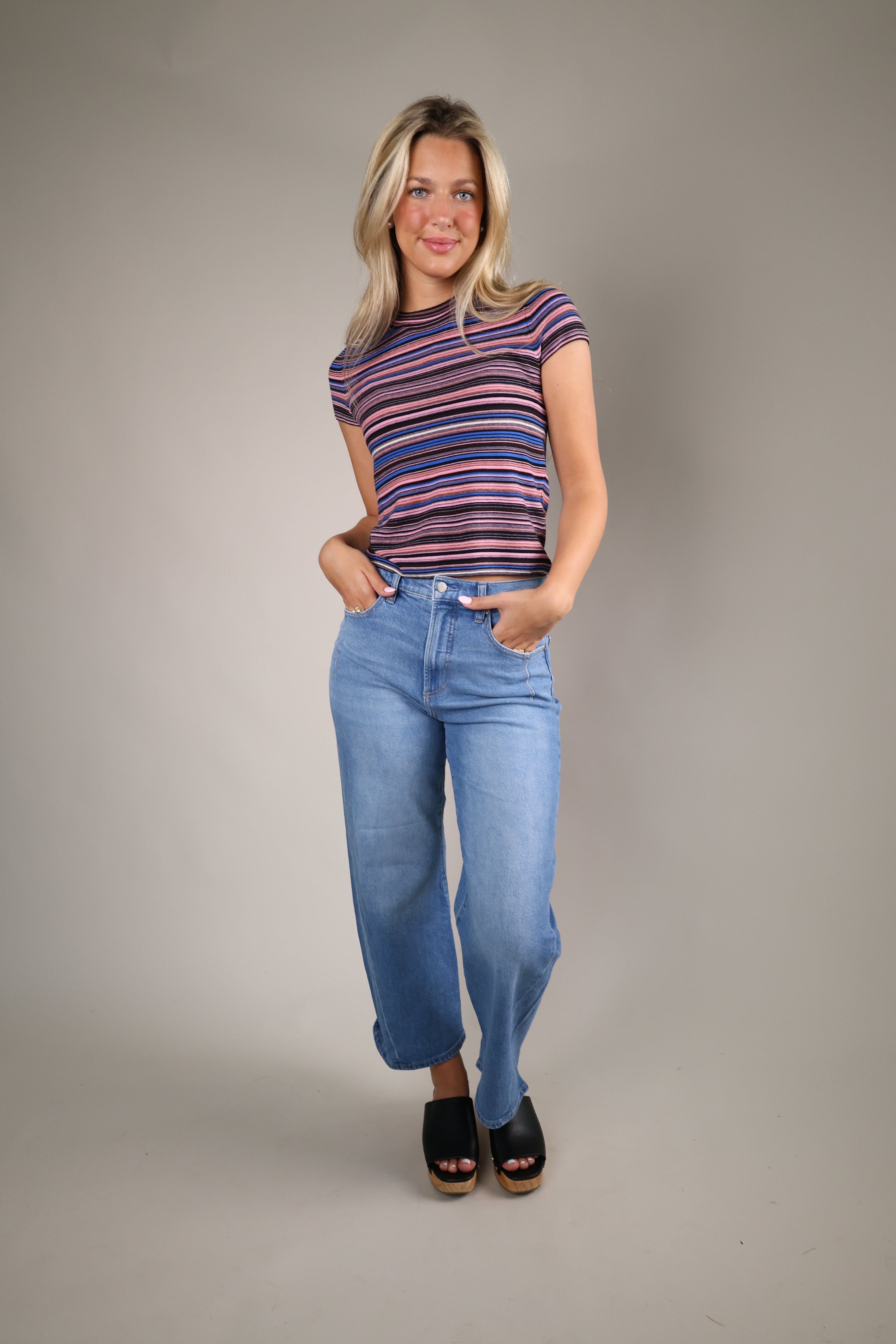 Casual striped knit tee from Shear Boutique with lightweight fabric and coastal summer style paired perfectly with linen pants